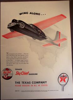 Vintage 1947 Art Ad Sky Chief Gasoline by Texaco Air Borne Car