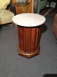Vintage Hollywood Regency Marble Top Wood Side Drum Table Secret Door