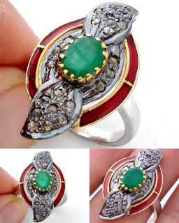  Green Emerald Red Enamel Gold Sterling Silver Diamond Ring 1327