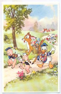 Disney Old c1945 Postcard Donald Duck Pigs Bambi Deer