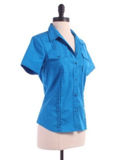 solid short sleeve blouse by theory size l blue short sleeve collared