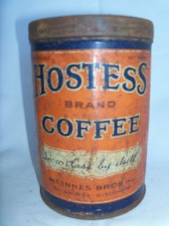 Vntg 1940s Hostess Brand COFFEE 1 LB Rare Screw Top TIN CAN