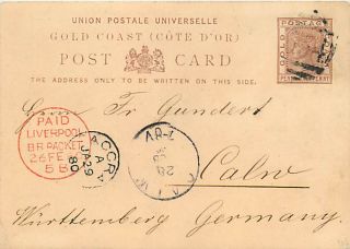 Gold Coast 1880 Postal Card to Germany Via Great Britain