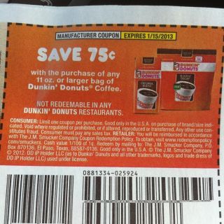 20 Coupons .75/1 Dunkin Donuts coffee Ex 1/15/13. Free Ship Can Dbl