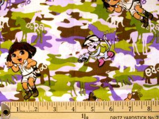 Dora the Explorer Boots on Camouflage Cotton Fabric 1 2 Yard NEW