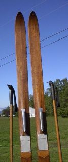 Vintage Wooden Skis 76 Long Bamboo Poles Hickory