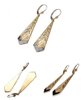 Style Leaf Motif Carved Dangle Earrings Solid 14K Yellow Gold & Enamel