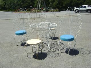  Iron Patio Peacock Chairs Table Duquette Era Dining Vtg 5 Pcs