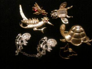 Six Vintage Gold Tone Sterling or Vermeil Bird Reptile Insect Brooches