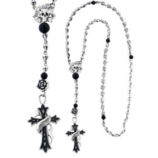  ed hardy skull cross and onyx beads handcrafted rosary necklace