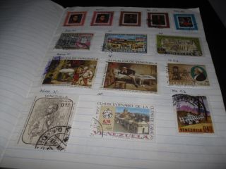 Venezuela + Malta stamps in old exercise book, all shown in 16
