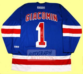New York Rangers jersey autographed by Eddie Giacomin. The jersey is