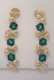 Ear Sweeps Pins Vines Earrings Gold with Swarovski Emerald Crystals