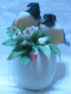 Beautiful Ceramic Capodimonte Bluetail Flowers on Egg Figurine Made in