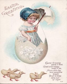 1915 Easter Greeting Girl in Egg w Chicks Postcard
