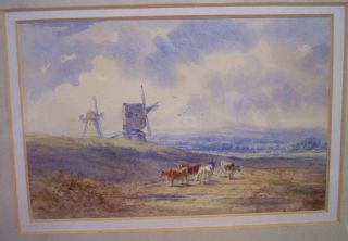 Superb Henry Earp SR Landscape Painting 1880 Clayton Windmills Cows