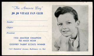  fan club card for young recording artist Jo Jo Vitale from Dundalk, MD