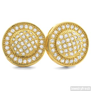  Gold Finish Micropave Domed Circle Iced Out CZ Earrings for Men