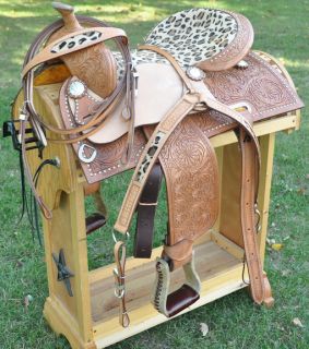 14 Stallion Barrel Flex Tree Saddle with White and Leopard Seat and