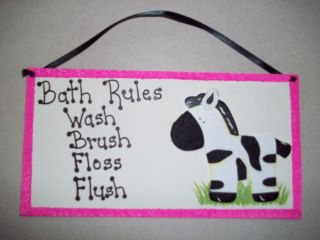 Zebra Bath Rules Wash brush floss flush bathroom sign PINK black