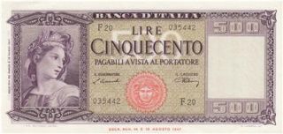 20 3 1947 Banca D Italia 500 Lire Italy RARE UNC