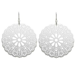 Stately Steel Round Floral Design Stainless Steel Drop Earrings