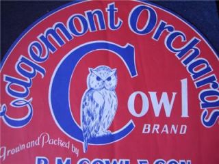 Vintage Edgemont Orchards Apple Barrel Label Swoope Va. W/ Owl