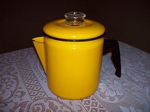 VTG. Yellow Enamel Ware Coffee Pot Percolator Camp Pot Black Trim