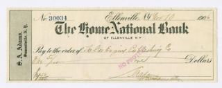 1906 Ellenville New York Bank Check Home National Bank