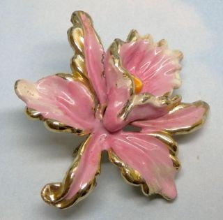Vintage Pink Enamel Goldtone Orchid Flower Brooch Pin Signed