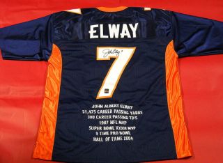 John Elway Autographed Denver Broncos Stat Blue Jersey John Elway