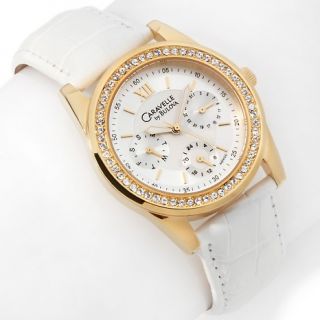 Caravelle Bulova Ladies Goldtone White Leather Strap Watch