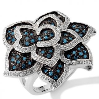 Blue/White Diamond Sterling Silver Flower Ring   1.03ct at