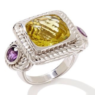 Sima K 7.29ct Green Gold Quartz and Amethyst Sterling Silver Ring at