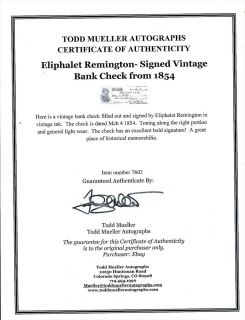 Eliphalet Remington Signed Vintage Bank Check from 1854