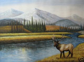 Elk Bull Wildlife Mountain Landscape Oil Painting 48