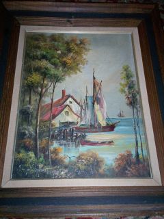 Original Eugene La Foret (Laforet) Seascape Harbor Oil Painting Signed