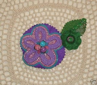 Handcrafted Purple Pink Turquoise Felt Fabric Flower Pin Brooch