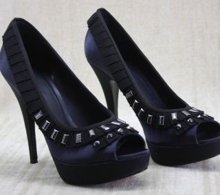 Tory Burch Erinn Navy Black Satin Studded Pumps Shoes 10 New