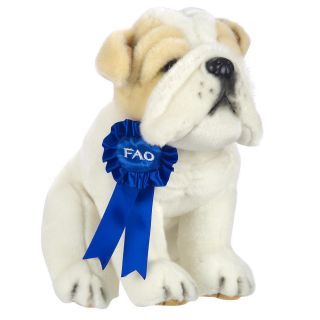 FAO Schwarz 10 inch Blue Ribbon Plush Bulldog White