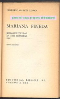 Federico Garcia Lorca Book Mariana Pineda 1972 Losada