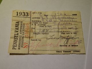 1933 PENNSYLVANIA FISHING LICENSE PAPERWORK PAPER ONLY ~  PA