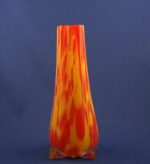  Czech Glass Orange Red Ribbed Vase Spatter Flame Pattern C 1930