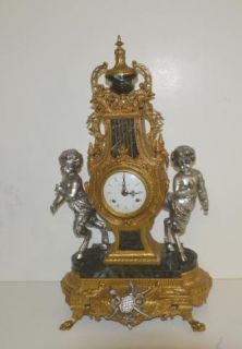 Imperial Antique Guilt Metal Lyre Satyr Faun Marble Clock