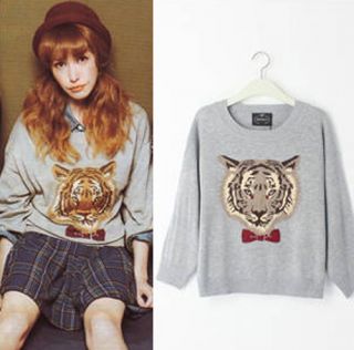 Japan Fashion Girls Crewneck Long Sleeve Tiger Head Knitting Tops