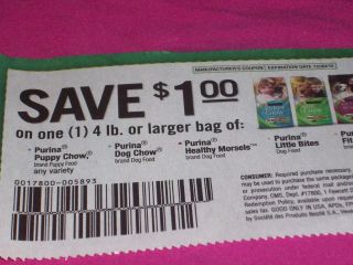 20 Coupons Save $1 00 1 4lb Purina Dog Food Read More Exp 12 30 12