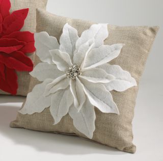 White Poinsettia Design Felt Decorative Throw Pillow 17 Square New