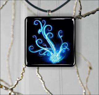 Flower Blue Fractal Design Glass 1 Pendant Necklace