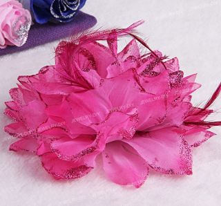 Fuschia Organza Feather Flower Corsage Brooch Pin Hair Band Burlesque