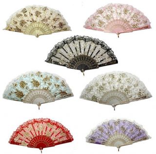 Ladies Fan Silk Embroidered Folding Handmade Lace Cloth Fans Golden